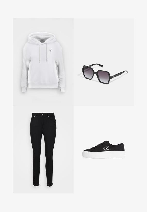 Weißes Kapuzen-Sweatshirt mit vorderen Kordeln und kleinem schwarzem "cK"-Logo auf der linken Brust, gerippte Bündchen und Saum.; Schwarze, hochgeschnittene Skinny-Jeans mit Frontknopf, Reißverschluss und Fünf-Taschen-Design auf einem flachen weißen Hintergrund dargestellt.; Schwarzer Low-Top-Canvas-Sneaker mit dicker weißer Plateau-Sohle und weißem "cK"-Logo an der Seite, zugeschnürt, in rechter Seitenansicht gezeigt.; Schwarze hexagonale Sonnenbrille mit Verlaufsgläsern, glänzender Oberfläche und dezentem Branding am Bügel. Aus langlebigem Kunststoff gefertigt.