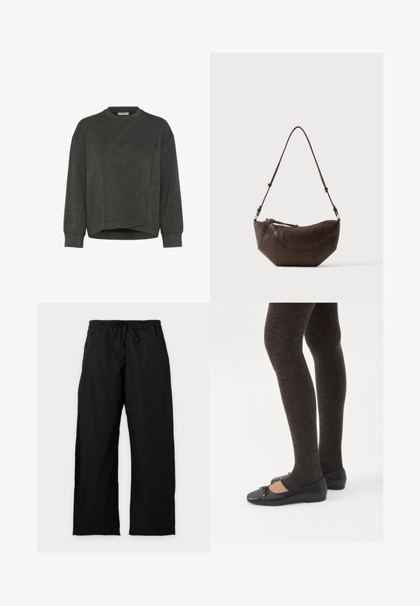 Donkergrijze sweatshirt met een ronde hals, lange mouwen, een asymmetrisch ontwerp en een zachte textuur. Heeft een ontspannen pasvorm en minimale stikdetails.; Zwarte losvallende broek met wijde pijpen, elastische tailleband en trekkoord, afgebeeld tegen een effen lichte achtergrond. Geen zichtbare zakken.; Benen met donkere geribbelde leggings gecombineerd met zwarte ballerina's met kleine strikdetails op een witte achtergrond.; Bruine leren schoudertas met een gebogen onderkant en een verstelbare riem tegen een effen lichte achtergrond.