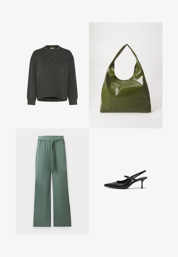 Sweatshirt gris foncé avec un col rond, des manches longues, un design asymétrique et une texture douce. Présente une coupe décontractée et des détails de couture minimalistes.; Pantalon vert à jambes larges avec taille élastique et ceinture en tissu nouée, fabriqué dans un matériau doux et texturé, présenté sur un fond blanc.; Talons aiguilles noires en cuir avec un bout pointu, une fine bride réglable, et un talon aiguille d'environ 5 cm, texture lisse.; Sac hobo en cuir vert au design décontracté, avec une poignée incurvée et une texture lisse. Ne contient aucun matériel ou accent visible.