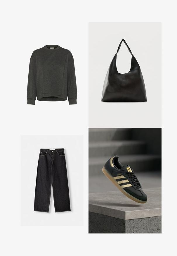 Donkergrijze sweatshirt met een ronde hals, lange mouwen, een asymmetrisch ontwerp en een zachte textuur. Heeft een ontspannen pasvorm en minimale stikdetails.; Zwarte jeans met wijde pijpen, voorzakken en zilveren knoopsluiting, plat gelegd op een lichtgrijze achtergrond.; Zwarte Adidas Samba-sneaker met gouden strepen en een rubberen zool die boven een betonnen oppervlak zweeft met vage trappen op de achtergrond.; Zwarte schoudertas van glad leer met een brede, enkele band en een nonchalant, minimalistisch ontwerp tegen een effen achtergrond.