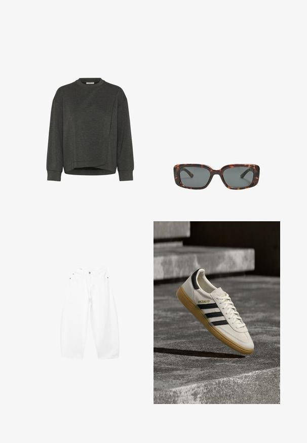 Mørkegrå sweatshirt med rund hals, lange ærmer, asymmetrisk design og blød tekstur. Har en afslappet pasform og minimale syninger.; Løse hvide denimjeans med knap- og lynlåslukning, bæltestropper og forlommer, vist på en ensfarvet baggrund.; Hvid Adidas Spezial sneaker med sorte striber og gummisål, svævende over grå stentrin udendørs.; Skildpaddedesolbriller med rektangulære linser, tykke stel og mørkt tonede linser. Glat tekstur og minimalistisk design.