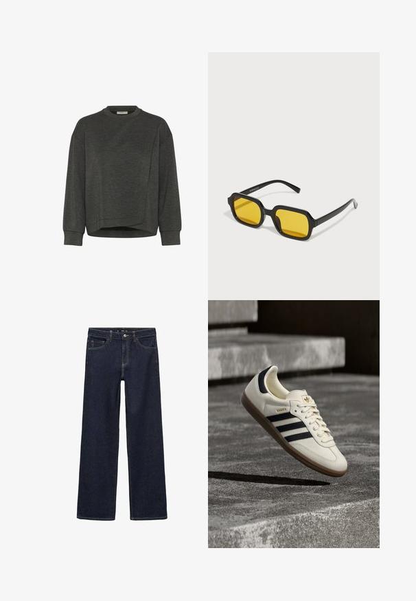 Donkergrijze sweatshirt met een ronde hals, lange mouwen, een asymmetrisch ontwerp en een zachte textuur. Heeft een ontspannen pasvorm en minimale stikdetails.; Donker gewassen denim jeans met een ontspannen pasvorm. Heeft een hoge taille, vijf zakken en contrasterende stiksels. Rechtermode ontwerp, geen versieringen.; Witte Adidas Samba sneaker met zwarte strepen en gumzool, zwevend boven gestructureerde grijze betonnen treden.; Zwarte rechthoekige zonnebril met gele lenzen. Kenmerken zijn onder andere dikke monturen en een hoekig ontwerp met een gladde, glanzende afwerking.