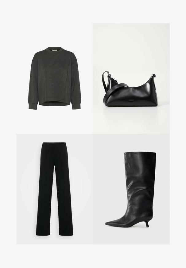 Sweatshirt gris foncé avec un col rond, des manches longues, un design asymétrique et une texture douce. Présente une coupe décontractée et des détails de couture minimalistes.; Vero Moda Tall VMBERLIN ZAMIRA WIDE - Pantalon classique - black; Bottes en cuir noires jusqu'aux genoux avec un bout pointu et un petit talon, présentées sur un fond clair.; Sac à main en cuir noir avec une texture lisse. Dispose d'une bandoulière adjustable et d'un design élégant et minimaliste avec une fermeture éclair.