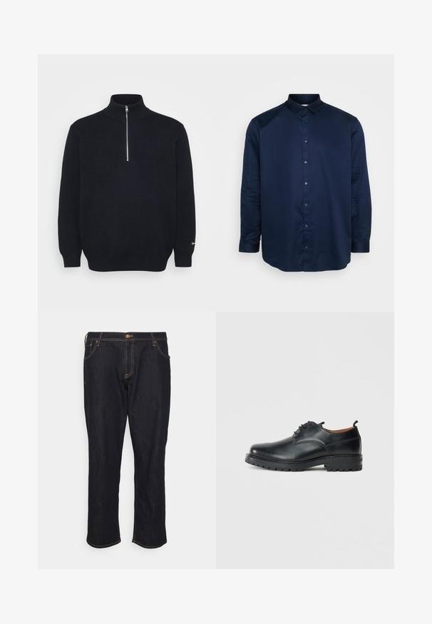 Sort striktrøje med høj krave, halv lynlås, ribbede manchetter og en fin tekstur. Elastisk materiale med en glat overflade.; Mørkeblå button-up skjorte lavet af glat stof, med en klassisk krave, lange ærmer og frontknapstolpe med matchende knapper.; Jack & Jones JJICHRIS JJORIGINAL - Jeans Relaxed Fit - blue denim; Sorte læder derby-sko med en glat overflade, rund tå, snøre-design og en tyk, robust gummisål.
