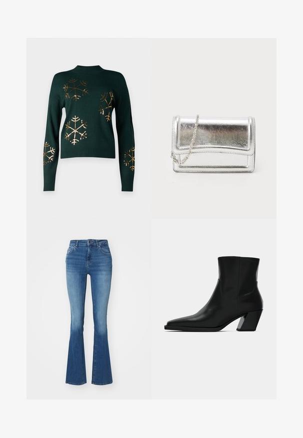 VILA VIFROST HIGH NECK CHRISTMAS - Πουλόβερ - pine grove/gold; Ψηλόμεσες flare τζιν σε ανοιχτό μπλε τζιν, με λεία υφή, κλείσιμο με φερμουάρ και κουμπί, και δύο μπροστινές τσέπες.; Μαύρη δερμάτινη μπότες έως τον αστράγαλο με κοφτή μύτη, κομψή σιλουέτα και χοντρό τετράγωνο τακούνι. Λείος υφασμάτινος χαρακτήρας με ελάχιστες ραφές.; Ασημένια μεταλλική τσάντα clutch με απλή υφή, κλείσιμο με καπάκι και αλυσίδα. Διαθέτει δομημένο ορθογώνιο σχέδιο και ραφές.