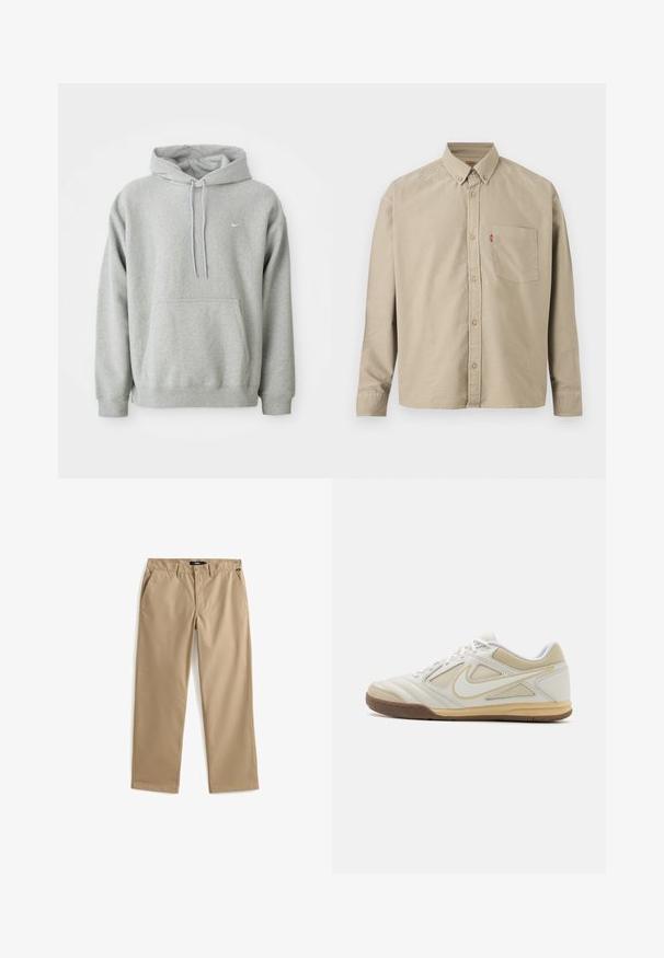 Grå hættejakke lavet af blødt stof med en kengurulomme, snor i hætten og lille hvidt logo på brystet. Behagelig, afslappet pasform.; Langærmet beige skjorte med knapper, knaplukket krave, brystlomme på venstre side og synlig rød mærkat på lommesømmen.; Beige chinos med lige ben lavet af let bomuldsstof. Har to forlommer og lukning med knap. Glat struktur, minimal dekoration.; Hvid atletisk sko med en struktureret overdel, grå accenter, snørebånd og en tan gummisål. Har et karakteristisk logo på siden.