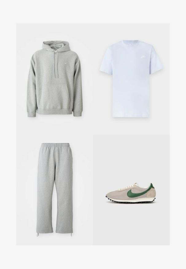 Grijze hoodie van zachte stof met een buidelzak, capuchon met trekkoord en klein wit logo op de borst. Comfortabele, casual pasvorm.; Lichtblauwe katoenen t-shirt met korte mouwen, ronde hals en een wit Nike-logo gedrukt op de linkerborst. Glad textuur, eenvoudig ontwerp.; Grijze sweatpants met een elastische tailleband, rechte pijpen en trekkoordaccenten aan de zoom. Gemaakt van zachte, gestructureerde stof.; Beige hardloopschoenen met groene suède accenten, een gestructureerde mesh bovenzijde, crèmekleurige veters en een zwarte rubberen zool met gripnoppen.