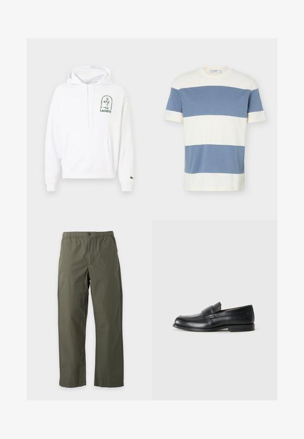 Haut à capuche blanc avec une poche kangourou, cordon de serrage à la capuche et logo Lacoste imprimé en vert. Poignets et ourlet côtelés. Texture de tissu douce.; T-shirt à manches courtes avec col rond, rayures larges horizontales en blanc et bleu pastel.; Pantalon droit vert olive avec taille élastiquée, poches latérales et un bouton sur le devant, présenté sur fond blanc.; Mocassins en cuir noir avec un bout rond, des détails cousus et une semelle en caoutchouc plate. Présentent une large bande sur le cou-de-pied.