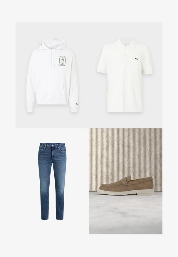 Haut à capuche blanc avec une poche kangourou, cordon de serrage à la capuche et logo Lacoste imprimé en vert. Poignets et ourlet côtelés. Texture de tissu douce.; Polo-shirt blanc en coton lisse avec un col classique, patte de boutonnage à trois boutons et un petit logo crocodile vert sur la poitrine.; Jeans en denim bleu foncé avec une finition délavée. Design à cinq poches, coupe droite et fermeture à bouton. Coutures visibles et passants de ceinture.; Mocassin beige en daim avec semelle blanche, détail de bande de marque, flottant au-dessus d'un tapis beige texturé, avec un meuble arrondi marron en arrière-plan.
