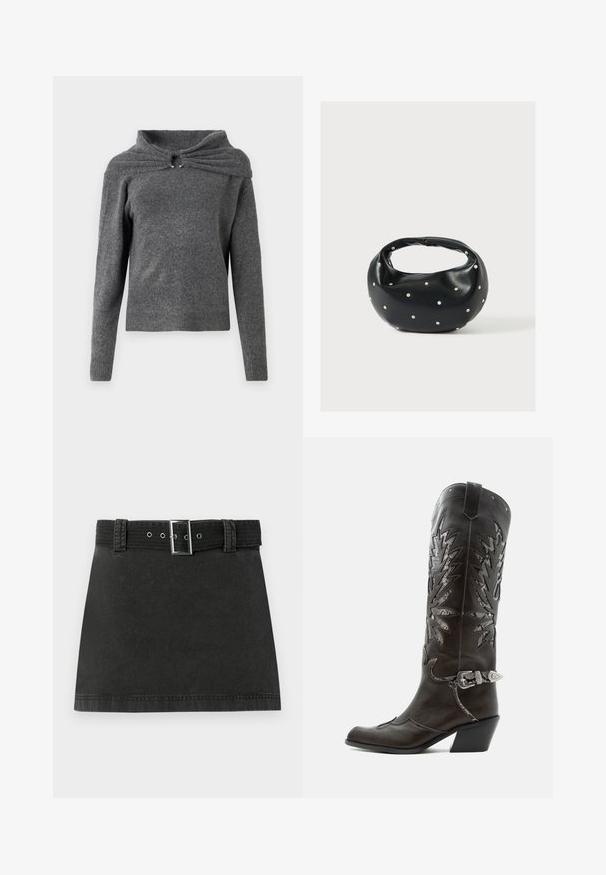 Pull gris en tissu tricoté doux, avec un design de col unique présentant un détail en torsion et des accents en métal argenté. Manches longues, ourlet côtelé.; Jupe mini en denim noir avec une ceinture assortie présentant une boucle métallique et des passants de ceinture, affichée à plat sur un fond blanc.; Botte de cowboy en cuir noir avec découpes décoratives, boucle argentée et talon incliné, présentée sur fond blanc.; Sac à main en cuir noir de forme arrondie, décoré de clous argentés et équipé d'une poignée courte. Texture lisse et fermeture éclair.