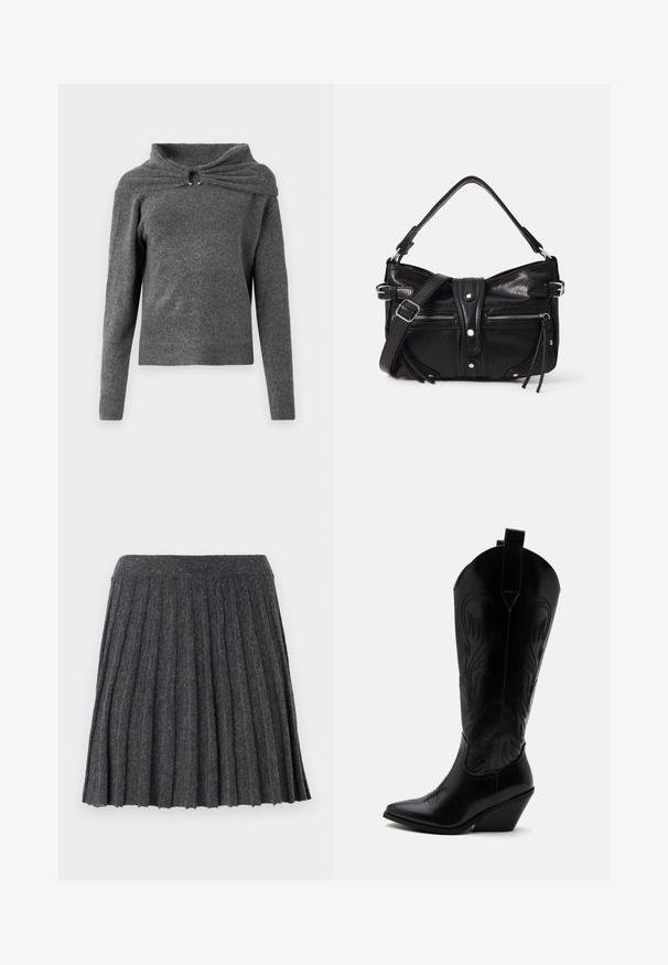 Pull gris en tissu tricoté doux, avec un design de col unique présentant un détail en torsion et des accents en métal argenté. Manches longues, ourlet côtelé.; Vero Moda Knitted VMMARINA Short - Minijupe - dark grey; Botte de cowboy en cuir noir avec bout pointu, talon bloc incliné, couture décorative et languettes en haut sur fond blanc.; Even&Odd H24462 - Sac à main - black