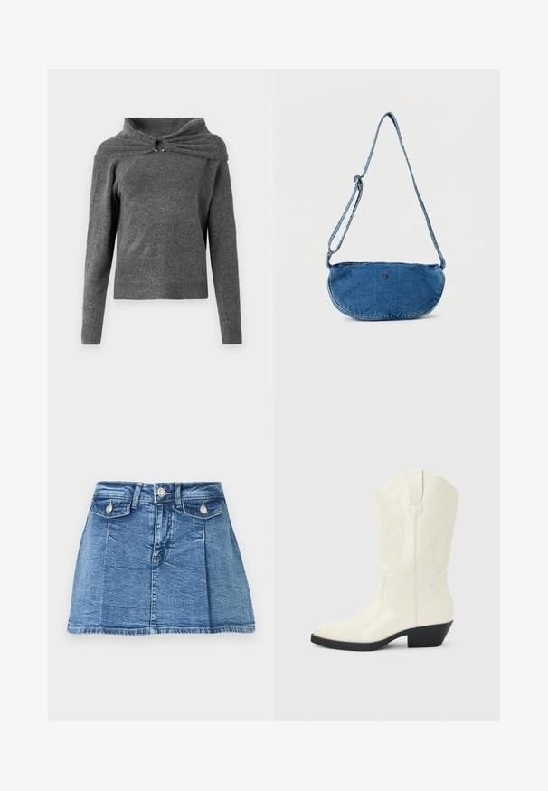 Pull gris en tissu tricoté doux, avec un design de col unique présentant un détail en torsion et des accents en métal argenté. Manches longues, ourlet côtelé.; Mini-jupe en denim bleu avec bouton frontal, fermeture éclair, deux poches à rabat boutonnées et passants pour ceinture.; Botte blanche de style western mi-mollet avec bout pointu, talon empilé noir, coutures décoratives et languette de tirage sur la tige.; Sac bandoulière en jean bleu avec sangle ajustable et petit logo métallique sur le devant, présenté sur fond blanc.