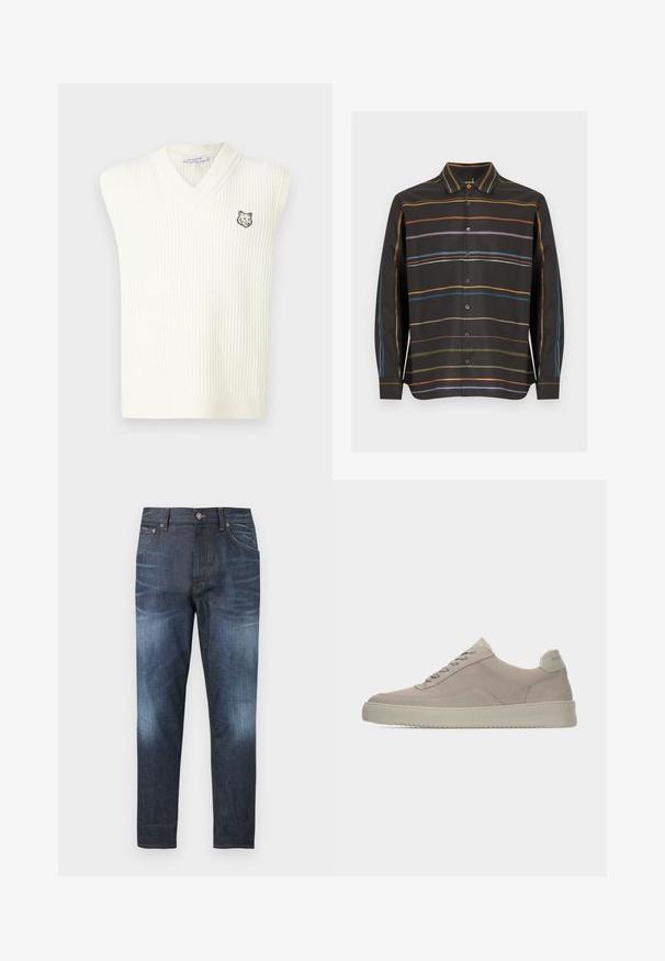 Gilet sans manches en tricot côtelé blanc en V avec une petite tête de loup brodée sur la poitrine gauche et une étiquette Maison Kitsuné à l'intérieur du col.; Chemise noire à manches longues et boutonnée, avec de fines rayures horizontales orange, violette, bleue et vert olive sur le devant et les manches.; Jean slim bleu foncé avec des zones délavées sur les cuisses et les genoux, poches avant, passants pour ceinture et fermeture par bouton à la taille.; Baskets en daim beige avec une finition texturée, un bout arrondi et des lacets ton sur ton. Elles présentent une semelle en caoutchouc épaisse et un branding discret sur le talon.