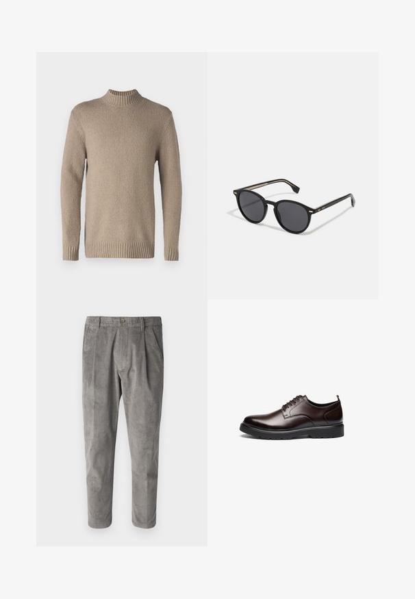 Beige gebreide trui met een textuur op het oppervlak, geribbelde kraag en manchetten. Heeft lange mouwen en een rechte zoom voor een klassiek ontwerp.; Grijze corduroy broek met een gestructureerd verticaal streeppatroon, voorzien van een knoopsluiting en twee zijzakken. Tailored fit en cropped lengte.; Bruine leren veterschoen met een slank design, ronde neus, contrasterende zwarte rubberen zool en minimale zichtbare stiksels.; BOSS Zonnebril - black