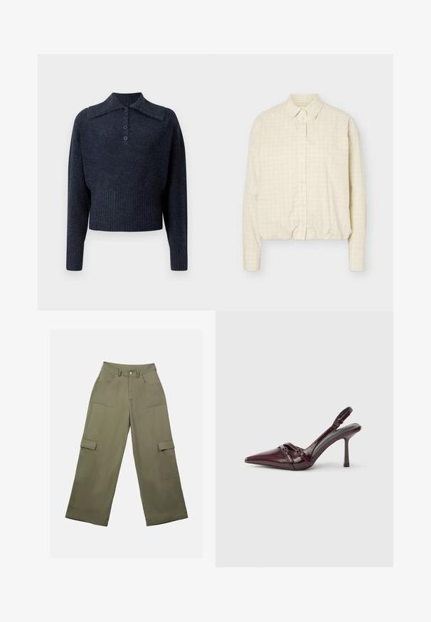 Suéter azul marino corto con cuello acanalado, mangas largas y tapeta de cinco botones. Tejido de textura suave con un sutil patrón jaspeado.; Camisa beige de manga larga con patrón de cuadrícula fina, cuello estándar y puños ajustados.; Pantalones cargo verde oliva con cintura alta, piernas amplias y dos grandes bolsillos laterales. Fabricados en tela suave con cierre de botón.; Zapato de tacón slingback de charol burdeos con puntera puntiaguda, fina correa en el tobillo y pequeño detalle decorativo de hebilla. Textura suave y tacón alto.