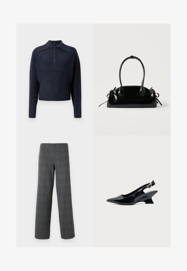 Pull en maille bleu marine cropped avec col côtelé, manches longues et patte de boutonnage à cinq boutons. Tissu à texture douce avec un léger motif chiné.; Vero Moda VMBERLIN WIDE PANT - Pantalon classique - dark grey/black; Chaussure slingback en cuir verni noir avec bout pointu et petit talon bloc incliné sur fond clair uni.; Petit sac à main noir brillant avec deux longues anses et des détails à cordon sur les côtés sur un fond clair uni.