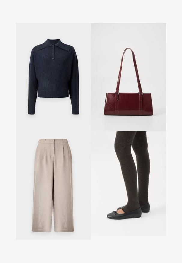 Pull en maille bleu marine cropped avec col côtelé, manches longues et patte de boutonnage à cinq boutons. Tissu à texture douce avec un léger motif chiné.; Pantalon beige taille haute à jambes larges avec plis sur le devant, fermeture par bouton et passants pour ceinture sur fond blanc.; Jambes portant des leggings côtelés foncés associés à des ballerines noires avec de petits détails en nœud sur fond blanc.; Sac à main bordeaux en matériau brillant, de forme rectangulaire, avec deux anses et des accents légèrement courbés à l'avant.
