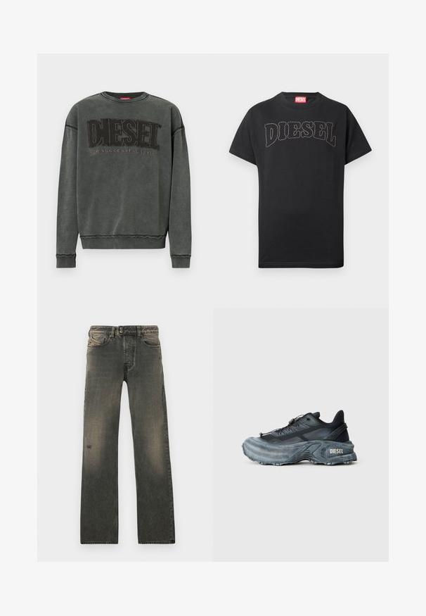 Sweat-shirt à manches longues gris charbon avec des poignets et un ourlet côtelés, affichant un grand texte noir "DIESEL" et "Pour une Vie Réussie" en plus petit en dessous.; T-shirt noir à manches courtes avec texte "DIESEL" courbé et cousu sur la poitrine, et étiquette rouge à l'intérieur du col.; Jean en denim gris avec une coupe décontractée, doté d'une fermeture à boutons, d'un léger effet délavé, et d'usures discrètes près du genou. Conception à cinq poches.; Baskets Diesel noires et grises avec semelle épaisse, système de laçage à bascule et design texturé sur fond gris clair uni.