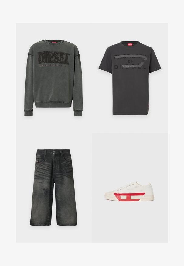 Sweat-shirt à manches longues gris charbon avec des poignets et un ourlet côtelés, affichant un grand texte noir "DIESEL" et "Pour une Vie Réussie" en plus petit en dessous.; T-shirt en coton gris avec un texte noir audacieux indiquant "PROPERTY OF D.I.E.S.E.L.", à la texture lisse et manches courtes.; Shorts noirs en denim à jambes larges avec bouton sur le devant, fermeture éclair, passants pour ceinture et détails de texture délavée.; Baskets en toile avec un dessus blanc, des accents en caoutchouc rouge et un design texturé. Elles présentent une tête arrondie et cinq œillets pour les lacets.