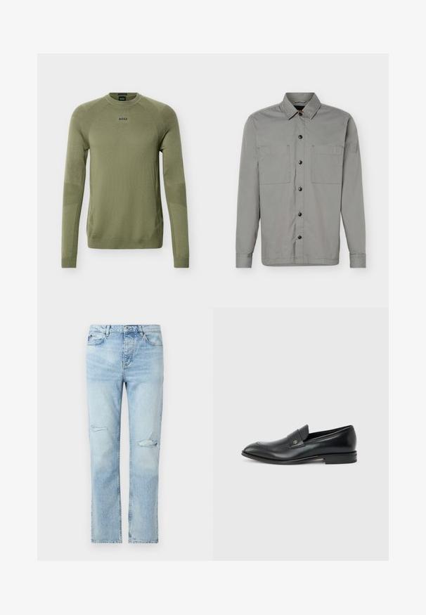 Pull en maille vert olive à manches longues avec col rond, poignets et ourlet côtelés, et logo "BOSS" sur la poitrine.; Chemise grise à manches longues avec boutons, deux poches poitrine, col pointu et patch logo sur la partie supérieure gauche de la manche.; Jean en denim bleu clair avec une coupe droite, fermeture par boutons, poches avant, et petites déchirures usées sur les deux cuisses.; Mocassin pour hommes en cuir noir avec talon bas, bout arrondi et petit logo métallique sur la bride, présenté en profil latéral sur un fond uni.