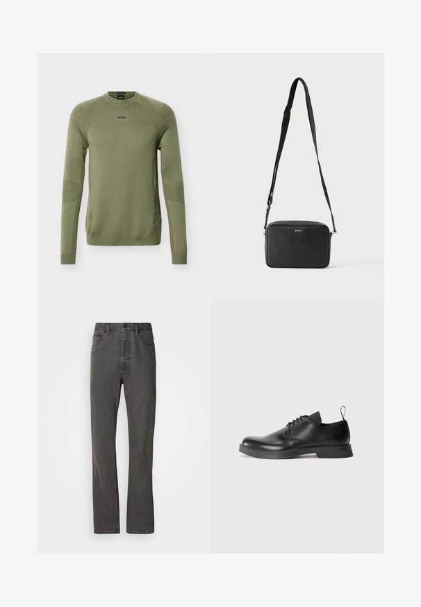 Pull en maille vert olive à manches longues avec col rond, poignets et ourlet côtelés, et logo "BOSS" sur la poitrine.; Jeans en denim gris avec une coupe droite, dotés de poches avant, d'une fermeture à bouton et d'une texture subtile.; Chaussure noire en cuir à lacets avec une finition lisse, un bout rond et un design minimaliste. Comprend un tirant contrastant subtil et une semelle en caoutchouc.; Sac bandoulière rectangulaire noir avec sangle réglable et logo BOSS sur le devant, sur un fond clair uni.