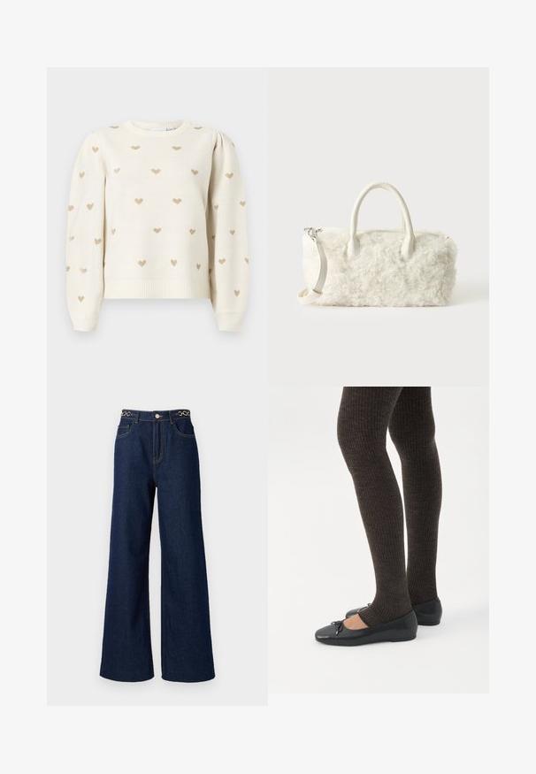 Pull en maille crème avec manches longues bouffantes et petits motifs de cœurs dorés uniformément répartis sur le tissu.; Des jeans en denim bleu marine à jambes larges présentent une taille haute, des accents en chaîne dorée à la taille, et des détails de couture contrastants tout au long.; Jambes portant des leggings côtelés foncés associés à des ballerines noires avec de petits détails en nœud sur fond blanc.; Petit sac à main blanc à texture de fourrure bouclée, doubles poignées et bandoulière amovible sur un fond clair uni.