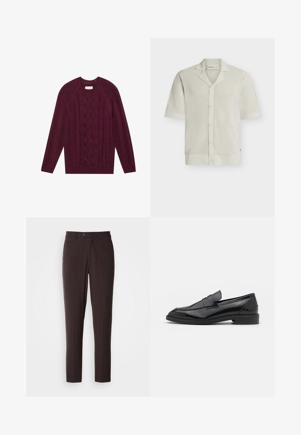 Pull en maille bordeaux avec un design de câbles texturés, col rond côtelé et manches longues, fait en fil doux et épais.; Chemise en maille à manches courtes, couleur blanc cassé, avec col ouvert et boutonnage sur le devant, présentant un motif ajouré texturé sur l'ensemble.; Pantalon marron foncé ajusté en tissu lisse, avec devant plat, poches latérales et fermeture par bouton. Coupe droite, sans motif apparent.; Mocassins en cuir noir avec une finition lisse, dotés d'un bout arrondi et d'une bande étroite sur le dessus. Talon bas empilé.