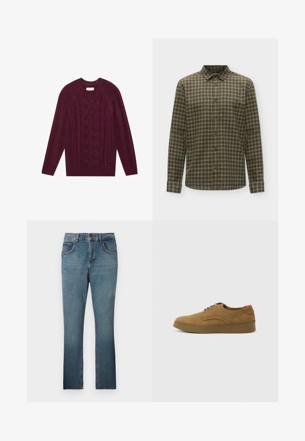 Pull en maille bordeaux avec un design de câbles texturés, col rond côtelé et manches longues, fait en fil doux et épais.; Chemise à manches longues boutonnée avec un motif à carreaux verts et blancs et un col classique, présentée sur un fond uni.; Jean en denim bleu coupe droite avec bouton frontal, fermeture éclair, passants pour ceinture et cinq poches, présenté sur un fond uni.; Chaussure décontractée à lacets en daim marron avec semelle en caoutchouc plate, vue de côté sur un fond clair uni.