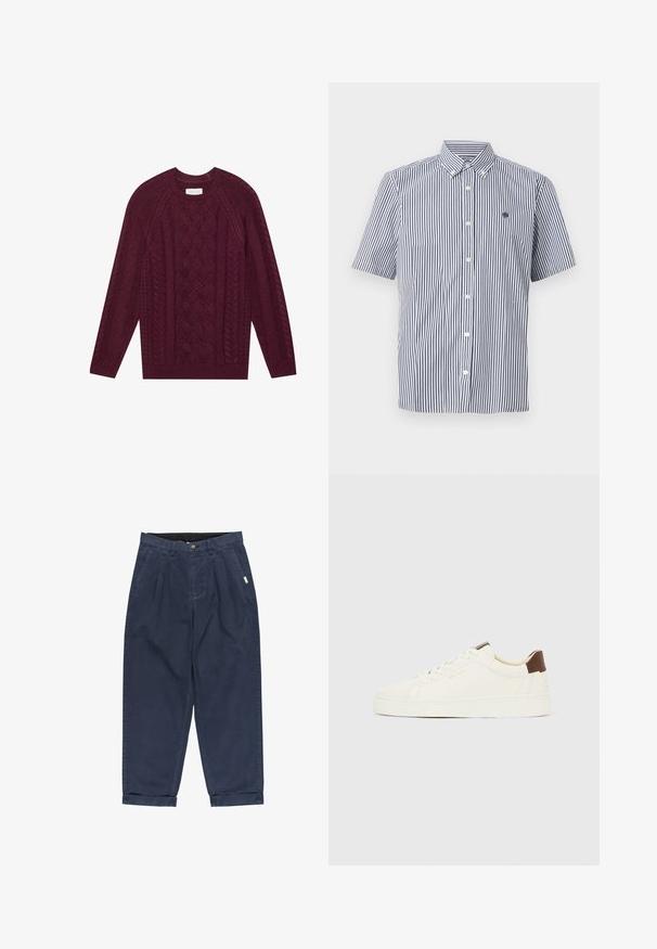 Pull en maille bordeaux avec un design de câbles texturés, col rond côtelé et manches longues, fait en fil doux et épais.; Chemise à manches courtes boutonnée avec des rayures verticales blanches et bleu marine et un petit logo brodé sur la poitrine gauche.; Pantalons bleu marine à coupe ample, avec des plis à l'avant, un revers, et une fermeture à bouton, fabriqués en tissu de coton doux.; Baskets blanches basses avec lacets crème, une languette de talon marron et le logo "GANT" doré sur le côté, présentées de profil sur un fond uni.