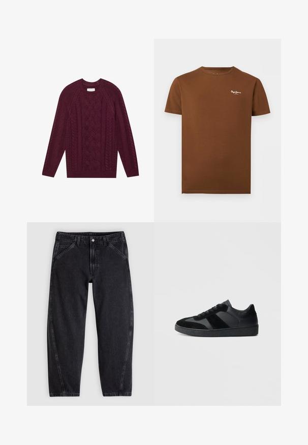 Pull en maille bordeaux avec un design de câbles texturés, col rond côtelé et manches longues, fait en fil doux et épais.; T-shirt marron à manches courtes avec col rond et petit logo blanc "Pepe Jeans London" sur la poitrine gauche.; Jean en denim noir à coupe ample, doté d'une ceinture standard, d'un design à cinq poches et de surpiqûres contrastantes le long des coutures.; Baskets noires combinant cuir lisse et daim, avec une semelle en caoutchouc noire texturée et un détail de rayures discrètes.