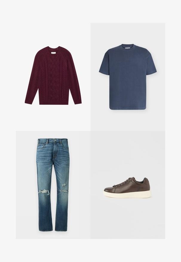 Pull en maille bordeaux avec un design de câbles texturés, col rond côtelé et manches longues, fait en fil doux et épais.; T-shirt bleu marine uni à manches courtes avec col rond, design simple, coutures visibles sur les manches et l'ourlet, posé à plat sur un fond clair.; Jean en denim bleu avec genoux déchirés et détails délavés, coupe droite, poches avant, passants pour ceinture et fermeture à boutons.; Baskets en cuir marron avec une finition lisse, bout rond, semelle en caoutchouc blanche et fermeture à lacets avec œillets. Design minimaliste.