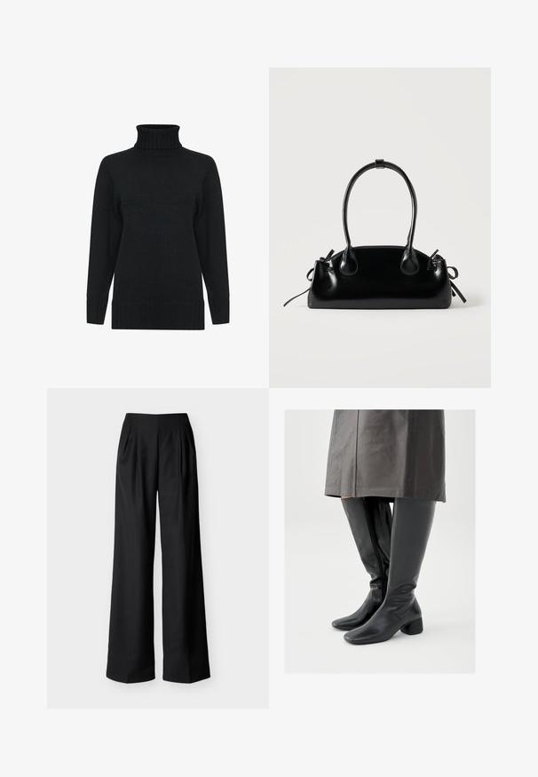 Sort turtleneck sweater lavet af strukturstrikket stof, med lange ærmer og ribbet manchetter og kant. Enkel, klassisk design.; Sorte bukser med høj talje, vide ben, for-ploer og sidelommer, vist mod en ensfarvet lys baggrund.; Knæhøje sorte læderstøvler med firkantet tå, skråt stillet blokhæl og en sidesyning; glat tekstur og tætsiddende design.; Lille sort blank håndtaske med to lange håndtag og snøre-detaljer i siden på en ensfarvet lys baggrund.