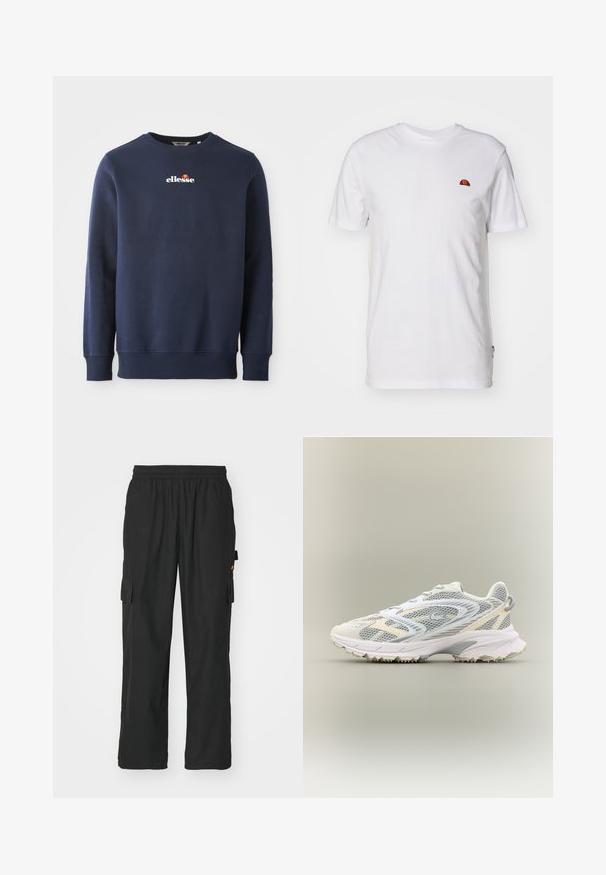 Dunkelblaues Sweatshirt aus einem weichen Material, mit Rundhalsausschnitt und gerippten Bündchen. Gesticktes "ellesse"-Logo mit farbigen Akzenten.; Schlichtes weißes kurzärmeliges T-Shirt mit kleinem rot-orangefarbenem Halbkreis-Logo im oberen linken Brustbereich.; Schwarze Cargo-Hosen aus leichtem Stoff, mit zwei seitlichen Taschen, einem elastischen Taillenbund und einer lockeren Passform.; Weißer Sportschuh mit grauen Netzpaneelen, strukturierten Überzügen, einem gepolsterten Kragen und einer Gummisohle mit kleinen Traktionsspikes.