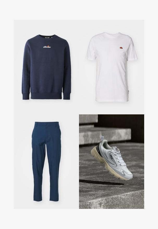 Marineblå sweatshirt lavet af et blødt stof, med rund hals og ribbede manchetter. Brolagt "ellesse"-logo med farvede akcenter.; Enkelt hvid t-shirt med korte ærmer med et lille rødt og orange halvcirkel-logo på øverste venstre brystområde.; Mørkeblå bukser med en glat stof, slim fit, forlommer og en enkelt knaplukning i taljen. Ingen synlige mønstre.; Hvid og beige FILA-sneaker ophængt over betontrapper, der viser side- og topdesign med snørebånd og branding.