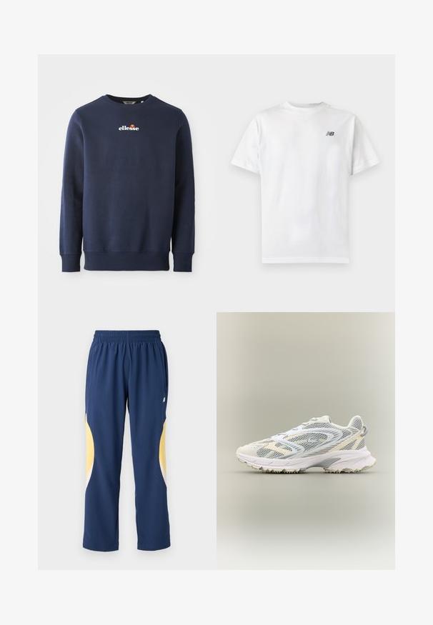 Dunkelblaues Sweatshirt aus einem weichen Material, mit Rundhalsausschnitt und gerippten Bündchen. Gesticktes "ellesse"-Logo mit farbigen Akzenten.; Weißes T-Shirt mit kurzen Ärmeln und Rundhalsausschnitt mit kleinem schwarzem New Balance-Logo auf der oberen linken Brust auf einem einfarbigen hellen Hintergrund.; Marineblaue Sporthosen mit elastischem Bund. Mit gelben und weißen geschwungenen Akzenten an den Seiten. Weicher, glatter Stoff.; Weißer Sportschuh mit grauen Netzpaneelen, strukturierten Überzügen, einem gepolsterten Kragen und einer Gummisohle mit kleinen Traktionsspikes.