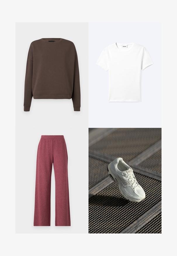 Pruun sweatshird ümmarguse kaelusega, pikad varrukad ja soonikkudel. Valmistatud pehmest kangast, millel on sile tekstuur ja mugav lõige.; Tavaline valge lühikeste varrukatega ümara kaelusega T-särk, mille kaela sisse on kinnitatud väike "WEEKDAY" silt, esitatud laotatult helel taustal.; Kirsivärvi laiad püksid, mis on valmistatud pehmest, tekstureeritud kangast, sisaldades elastset vöökoht ja lahtist, voogavat kujundust.; Valge Nike jooksutoss, millel on võrgust ja sünteetilisest materjalist ülemine osa, puhates metallvõrgust põrandal pehmes looduslikus valguses.