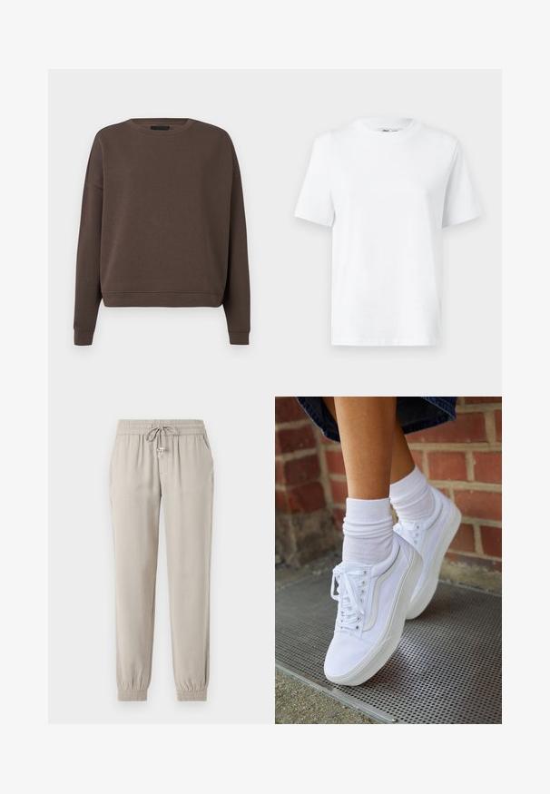 Pruun sweatshird ümmarguse kaelusega, pikad varrukad ja soonikkudel. Valmistatud pehmest kangast, millel on sile tekstuur ja mugav lõige.; Valge puuvillane ümarakaelusega T-särk, millel on lühikesed varrukad ja sile tekstuur. Kujundatud mugava ja mitmekesise istuvuse jaoks.; Kerged beige jogger püksid, mis on valmistatud pehmest kangast, sisaldavad elastset vööd ja nööri, küljetaskuid ning elastseid pahkluuseid.; Valged kanvas tennisikud kummitaldadega, kuue silmaga, ümmarguse varbaga ja kergete tikandite detailidega, koos valgete pahkluusokkidega.