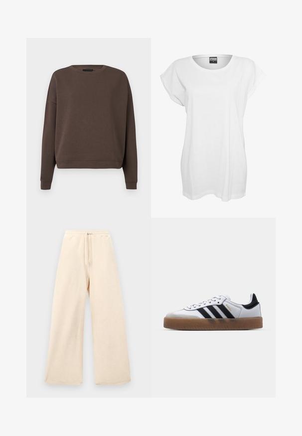 Bruine sweatshirt met een ronde hals, lange mouwen en geribbelde manchetten. Gemaakt van zachte stof met een gladde textuur en een ontspannen pasvorm.; Witte kortomoto T-shirt van katoen, met een ontspannen pasvorm, wijde halslijn en een minimalistisch ontwerp zonder patronen of accenten.; Wijdvallende broek in een lichtbeige kleur, gemaakt van een textuurstof. Beschikt over een elastische tailleband met een trekkoord. Eenvoudig, ongecompliceerd ontwerp.; Witte leren sneakers met zwarte strepen, gumrubberen buitenzool, ronde neus, vetersluiting en een zachte grijze suède neuskap.