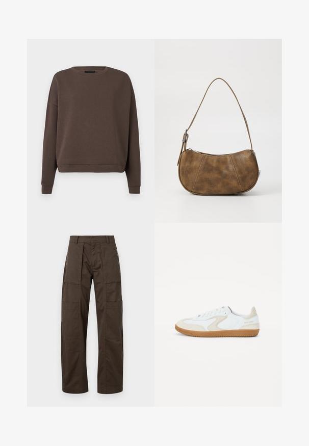 Brun sweatshirt med rund halsudskæring, lange ærmer og ribbede manchetter. Fremstillet af blødt stof med en glat tekstur og en afslappet pasform.; Brune cargo bukser lavet af holdbart stof med flere lommer, en afslappet pasform og fremtrædende syninger for øget holdbarhed.; Hvide sneakers med brune accenter, suede og glatte lædermaterialer, rund tå, flad gummisål og logo på hælen.; Brun faux læder skuldertaske med en buet form, en enkelt strop, kontrasterende syninger og en lynlåslukning langs den øverste kant.