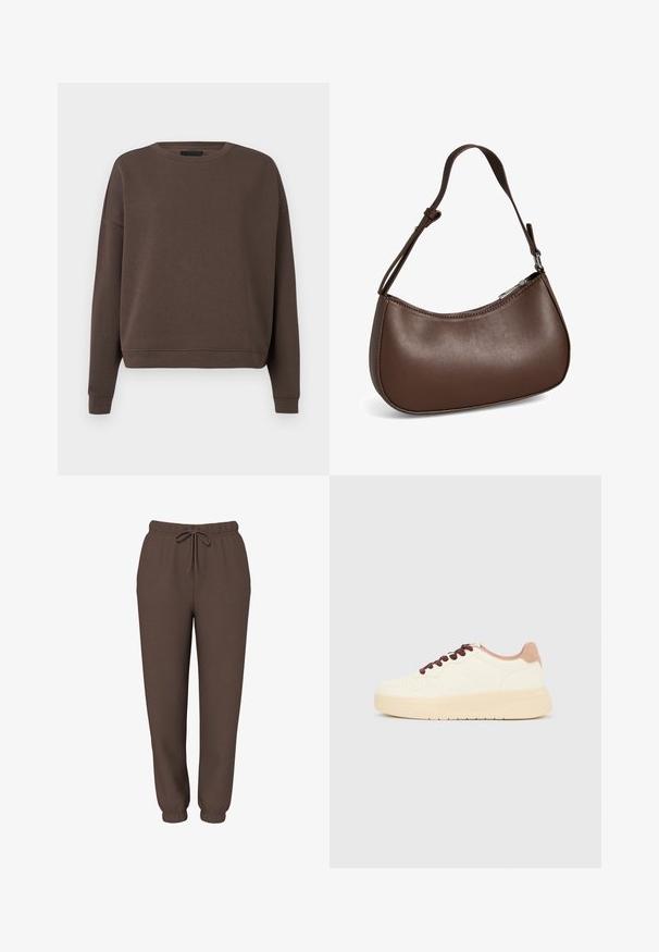 Bruine sweatshirt met een ronde hals, lange mouwen en geribbelde manchetten. Gemaakt van zachte stof met een gladde textuur en een ontspannen pasvorm.; Bruine jogger-sweatpants met elastische tailleband, trekkoord en elastische boorden, frontaal weergegeven op een witte achtergrond.; Beige lage sneaker met dikke zool, geperforeerde neus, roze hielkraag en donkerbruine veters op een effen lichtgrijze achtergrond.; Kleine bruine leren schoudertas met verstelbare band en ritssluiting, getoond tegen een witte achtergrond. Geen zichtbaar merk of versieringen.