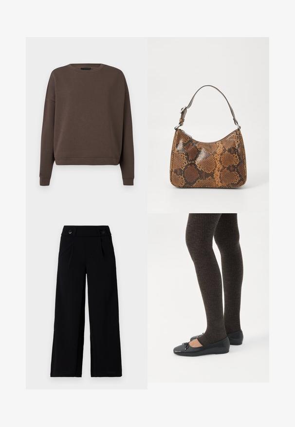 Brauner Pullover mit Rundhalsausschnitt, langen Ärmeln und ribbed Bündchen. Aus weichem Stoff mit glatter Textur und lockerer Passform gefertigt.; Schwarze weit geschnittene Hose mit flachem Bund, Seitentaschen und zwei Knöpfen an der Taille. Glattes Gewebe mit einem dezenten Glanz.; Beine in dunklen, gerippten Leggings kombiniert mit schwarzen Ballerinas mit kleinen Schleifendetails auf weißem Hintergrund.; Kleine Handtasche mit braunem und schwarzem Schlangenledermuster, kurzem verstellbarem Tragegurt und Reißverschluss.