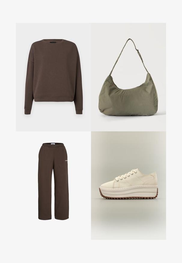 Brun sweatshirt med rund halsudskæring, lange ærmer og ribbede manchetter. Fremstillet af blødt stof med en glat tekstur og en afslappet pasform.; Brune vidde-buksede joggingbukser med elastisk talje og lille hvid tekstlogo på den øverste lår mod en hvid baggrund.; Kremfarvet platform sneakers med tyk hvid sål og brunt zigzag mønster, snørelukning og øvre materiale af lærred.; Skuldertaske i blødt olivengrønt stof med lynlås og justerbar rem på ensfarvet, lyst baggrund.