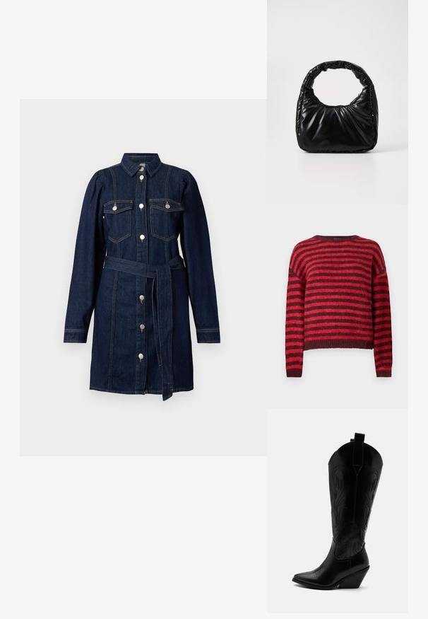 Rood en donkerrood gestreepte trui, ronde halslijn, lange mouwen, zachte textuur, geribbelde zoom, cropped ontwerp.; Donkerblauwe denim jurk met een overhemdkraag, lange mouwen, zakflappen, knopen aan de voorkant en een bijpassende stoffen riem in de taille.; Zwarte leren cowboylaars met puntige neus, schuine blokhak, decoratieve stiksels en aantreklusjes bovenaan tegen een witte achtergrond.; Zwarte gevoerde handtas met een ronde handgreep, met een gladde, glanzende oppervlakte en een zachte, gewatteerde textuur. Geen zichtbare metalen onderdelen of accenten.