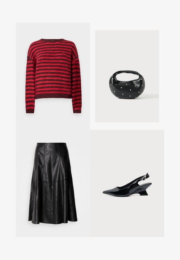 Rød og mørkerød stribet sweater, rund halsudskæring, lange ærmer, blød tekstur, ribbet kant, cropped design.; Sort lædernederdel med en flagrende silhuet, der har synlige sømme og en glat tekstur. Mellemlang design med en klassisk snit.; Sort laklæder slingback sko med spids tå og lav vinklet blokhæl på ensartet lys baggrund.; Sort læderhåndtaske med en rundet form, dekoreret med sølvnitter, og et kort håndtag. Glat tekstur og lynlåslukning.