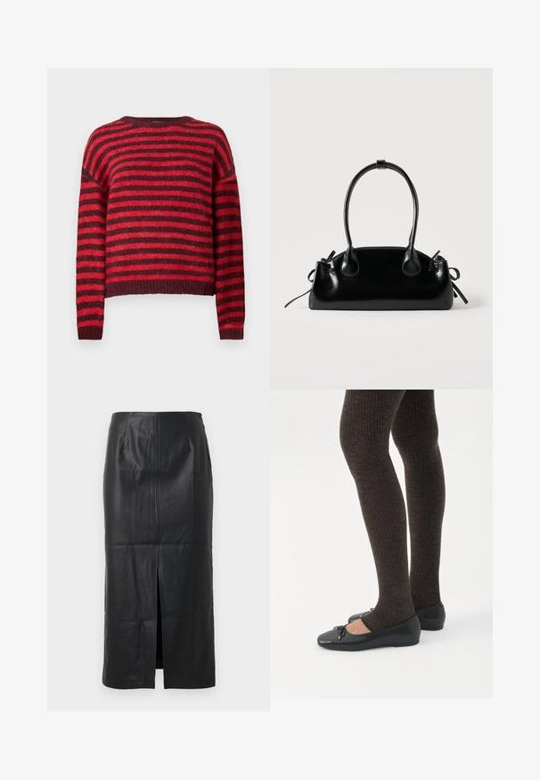 Rød og mørkerød stribet sweater, rund halsudskæring, lange ærmer, blød tekstur, ribbet kant, cropped design.; Sort læder midi-nederdel med en frontslids, glat tekstur, tætsiddende design og diskret sømdetaljering foran.; Ben iført mørke ribbede leggings kombineret med sorte balletsko med små sløjfedetaljer på hvid baggrund.; Lille sort blank håndtaske med to lange håndtag og snøre-detaljer i siden på en ensfarvet lys baggrund.