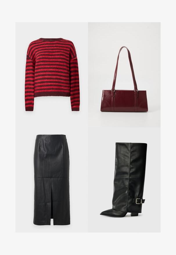 Rød og mørkerød stribet sweater, rund halsudskæring, lange ærmer, blød tekstur, ribbet kant, cropped design.; Sort læder midi-nederdel med en frontslids, glat tekstur, tætsiddende design og diskret sømdetaljering foran.; Sorte læder ankelstøvler i ankellængde med spids tå, glat tekstur og en sølvspændeaccents på siden. Kraftig firkantet hæl.; Bordeaux håndtaske lavet af glansfuldt materiale, rektangulær form, med to skulderremme og subtile buede detaljer på forsiden.