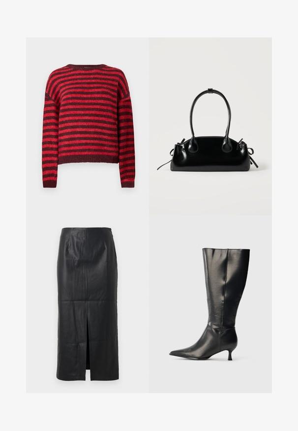 Pull à rayures rouge et rouge foncé, col rond, manches longues, texture douce, ourlet côtelé, design court.; Jupe midi en cuir noir avec une fente à l'avant, texture lisse, design ajusté et détails de couture subtils sur le devant.; Botte en cuir noire montant jusqu'au genou, avec un bout pointu et un petit talon bas, présentée sur un fond clair uni.; Petit sac à main noir brillant avec deux longues anses et des détails à cordon sur les côtés sur un fond clair uni.
