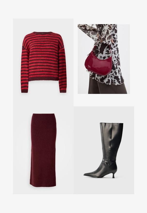 Rood en donkerrood gestreepte trui, ronde halslijn, lange mouwen, zachte textuur, geribbelde zoom, cropped ontwerp.; Bordeaux wollen maxi-rok met een aansluitende silhouet, een gladde textuur en een rechte zoom. Geen zichtbare sluitingen of versieringen.; Zwarte leren kniehoge laars met puntige neus en lage kittenhak, weergegeven op een effen lichte achtergrond.; Vrouw met een zwart-wit gebloemde blouse houdt een glanzende rode schoudertas vast tegen een effen achtergrond.