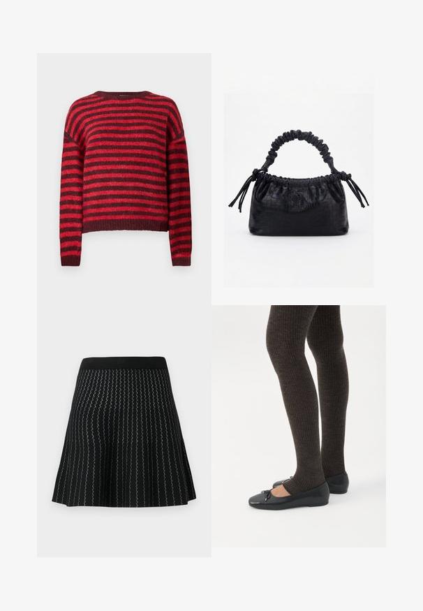 Rood en donkerrood gestreepte trui, ronde halslijn, lange mouwen, zachte textuur, geribbelde zoom, cropped ontwerp.; Zwarte rok met een gemêleerd breigoed met zigzag zilveren strepen, uitlopende ontwerp en een effen zwarte tailleband.; Benen met donkere geribbelde leggings gecombineerd met zwarte ballerina's met kleine strikdetails op een witte achtergrond.; Zwarte handtas met krokodillenstructuur, geplooide bovenrand, samengevoerde handgreep en koordtassels aan elke kant tegen een witte achtergrond.