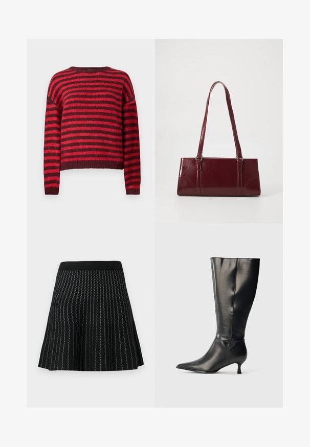 Pull à rayures rouge et rouge foncé, col rond, manches longues, texture douce, ourlet côtelé, design court.; Jupe noire en mailles texturées avec des rayures argentées en zigzag, conçue avec une silhouette évasée et une taille noire solide.; Botte en cuir noire montant jusqu'au genou, avec un bout pointu et un petit talon bas, présentée sur un fond clair uni.; Sac à main bordeaux en matériau brillant, de forme rectangulaire, avec deux anses et des accents légèrement courbés à l'avant.
